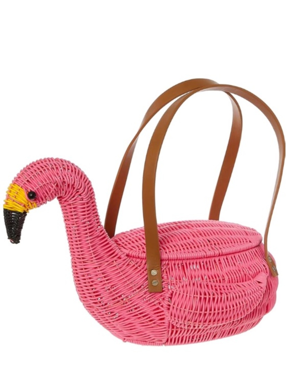 Vintage Pink Flamingo Resin Wicker Tote with Brown leather Handles